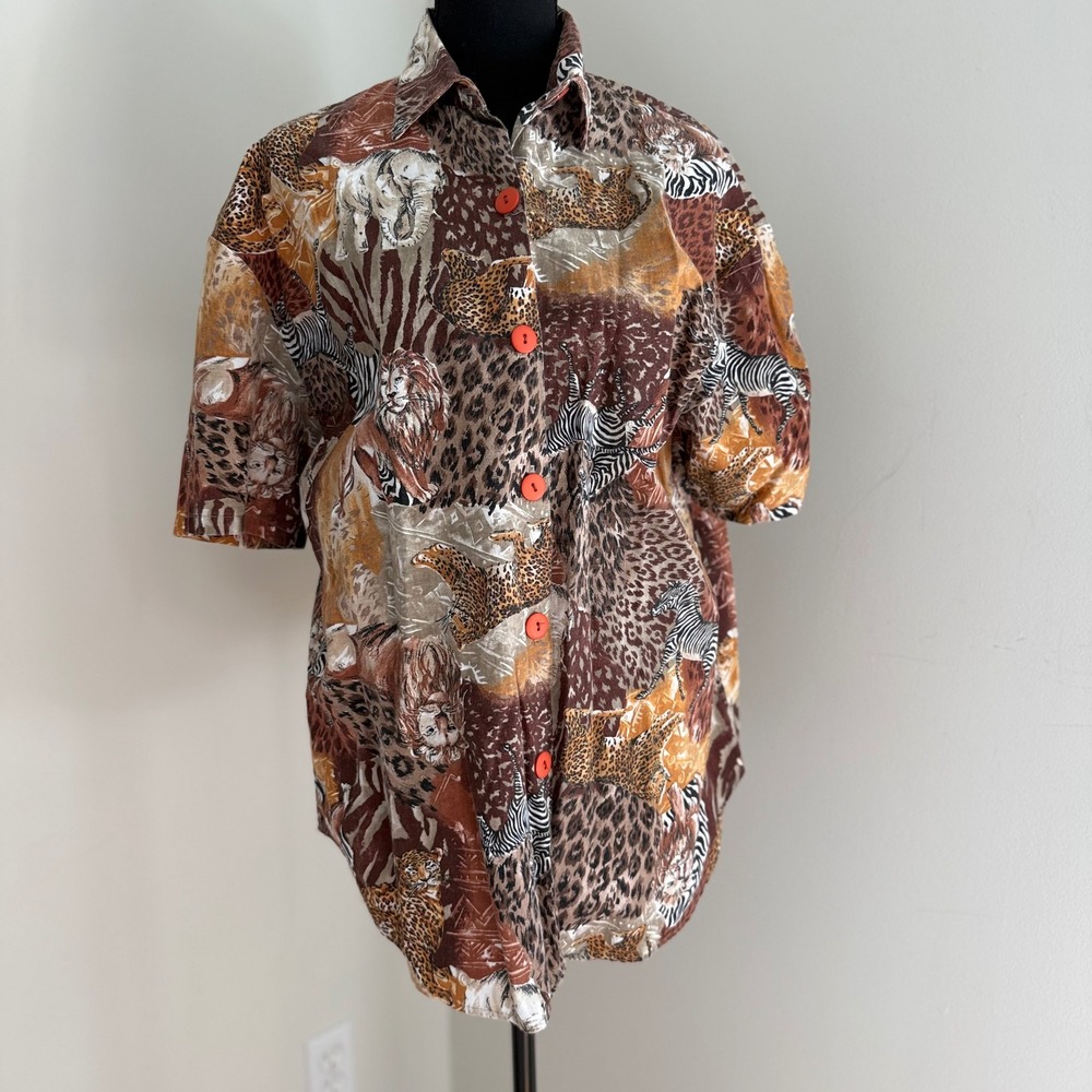 Vintage ACT III Safari Animal Print Shirt Made USA 100% Cotton Sz L unisex